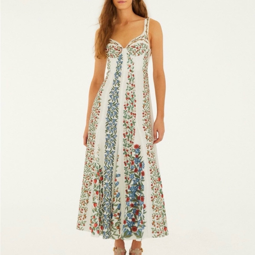 Farm Rio Cream Floral Maxi Dress With Blue & Red Accents